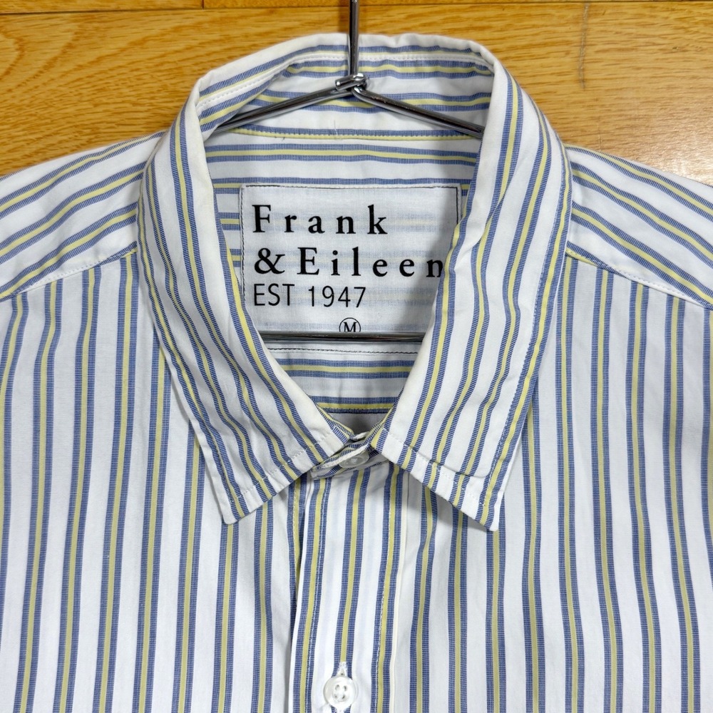 Frank & Eileen Finbar Blue/Yellow/White Striped Cotton Button Down Shirt Medium - Picture 2 of 7